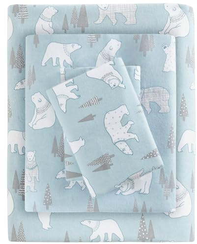 Sleep Philosophy True North by Parure de lit Chaude en Flanelle 100% Coton – Parure de lit 4 pièces Ultra Douce pour Temps Froid, Grand lit, Ours Polaires Bleus