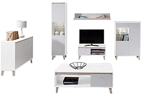 Wohnzimmer Oviedo II, Elegantes Wohnzimmer-set im skandinavischen Stil, Vitrine, Kommode, TV-Lowboard, Couchtisch, Wandregal, Komplett (Weiß Matt / San Remo Eiche Hell, mit weißer LED Beleuchtung)