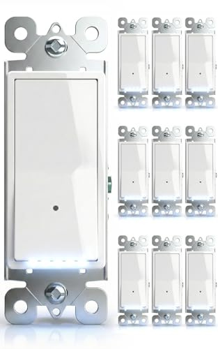 10Pack SOZULAMP-Illuminated-Light-Switch with Night Light, No Neutral Wire, Single Pole Decorator Rocker Switch, Dusk to Dawn LED Guide Light for Hallway Bathroom Stairs, 15A 120/277V, White