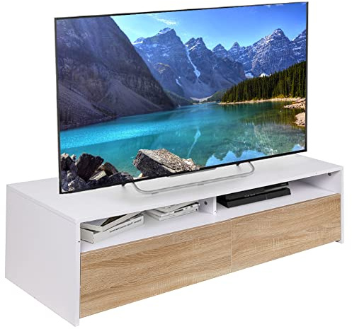 Bakaji Mobile Mobiletto TV in Legno MDF Credenza con Base Televisione 2 Scomparti Aperti e 2 Ante Dimensione 130 x 40 x 35.5 cm Colore Bianco e Quercia Design Moderno Arredamento Casa