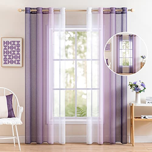MIULEE 2er Set Voile Vorhang Zweifarbiger Vorhang mit Ösen Transparente Gardine Ösenschal Fensterschal Lichtdurchlässig für Schlafzimmer, 140x160cm, Weiß Lila