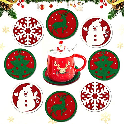 Sottobicchieri Feltro Natalizi, Sottobicchiere Natale Riutilizzabili Antiscivolo, Rotondi Rosse e verde Sottobicchieri in Feltro Di Natale Motivo Super Assorbenti Resistenti Al Calore