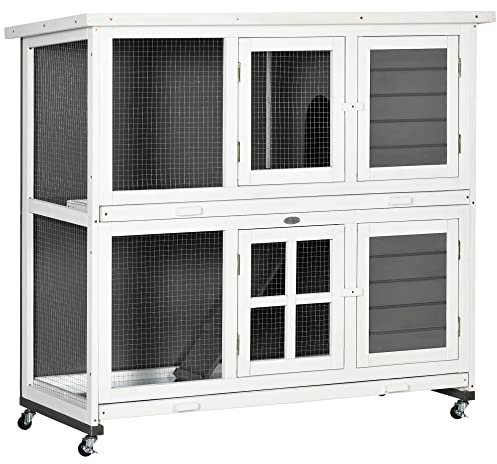 PawHut Wooden Rabbit Hutch with Wheels, Guinea Pig Cage, Small Animal House for Outdoor & Indoor with Slide-out Trays, 119 x 50.5 x 109cm, Grey