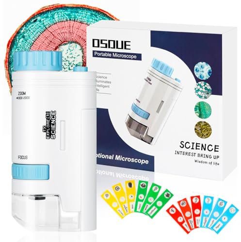 OSDUE Pocket Mini Small Microscope, Handheld Microscopes 80X-200X with LED, Portable Mini Microscope with 12pcs Microscopes Slides for Microbiological Observation Learning (Blue)