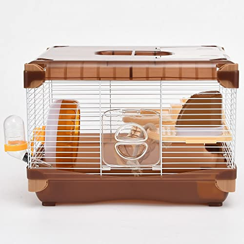 Hamster Cage Small Animal Cage 2 Layers BROWN Spacious Tray Design Easy to Clean Breathable Easy to clean Size 14.17”(W) X10.63(L) X9.84(H) Suitable for small hamsters under 3 inches