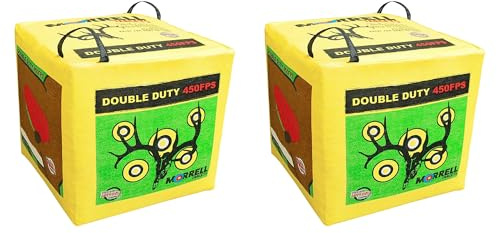 Morrell Double Duty 450 FPS Cube Field Point Archery Bag Target with Traditional Bullseyes, Nine-Ball, Dartboard Game, and Deer Vitals, 2 Pack, Yellow