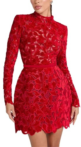 CRITOR Women's Long Sleeve Lace Crochet Party Bodycon Mini Dress 2024 Fall Elegant Formal Short Eevning Dress