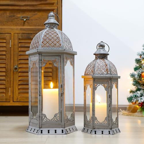 JHY DESIGN Set of 2 Decorative Candle Lantern 50cm & 38cm High Outdoor Candleholders Vintage Metal Candlestick for Garden Porch Living Room Indoor Outdoor Parties Weddings Patio (Grey with Gold Brush)