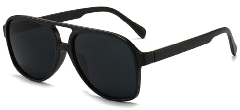 Long Keeper Gafas de Sol Piloto Polarizadas para Mujer Hombre Retro Clásico Doble Puentes Gafas de Sol Grandes Cuadradas Años 70 Protección UV400 (Negro Mate Montura - Gris Oscuro Lente)