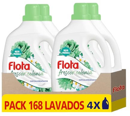 FLOTA | Detergente Líquido Quitamanchas incluso en Agua Fría para Lavadora | Ropa Blanca y de Color | Fragancia Frescor Colonia | Pack de 4 x 42 Lavados = 168 Lavados