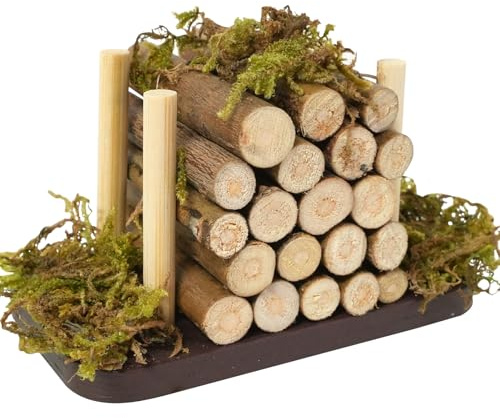 Wichtel Zubehör Miniatur-Holzstapel, Wichteltür Zubehör mit 20 Holzstäbchen, Moos, Basis aus Massivholz, Puppenhaus Zubehör Winziger Kaminholzstapel aus Holz für Krippe Weihnachten Modellbau