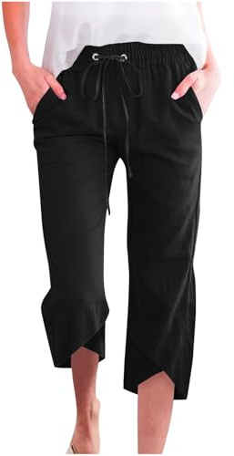 Pantacourt en coton et lin pour femme - Longueur 3/4 - Short ample - Ourlet croisé - Pantalon de yoga à séchage rapide - Pantalon trois quarts de couleur unie avec cordon de serrage, Noir , S