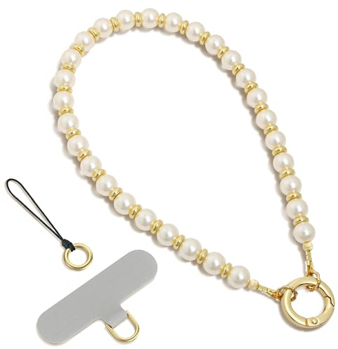 SURPHY Cadena de Perlas Corta para móvil, Colgante Universal para Teléfono, con Perlas de Cristal, Llavero，Cadena Multifuncional Compatible con la Mayoría Fundas,Perla Dorada