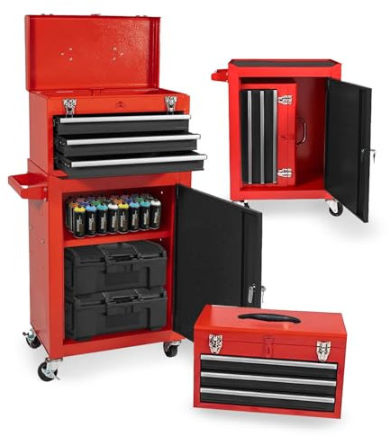 DAIMANN - Chariot à Outils Professionnel avec 3 tiroirs coulissants et Armoire avec Serrure pour Garage et Atelier, Structure en métal Peint Facile à déplacer (Rouge)