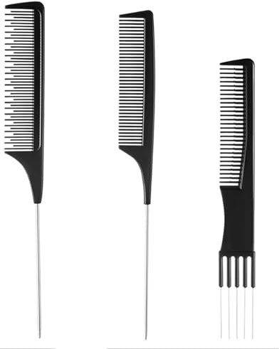 Hairdressing Combs Set, 3 Pack Tail Combs, Heat Resistant Anti-static Carbon Hair Brush Hair Comb for Long, Wet or Curly Hair Detangling, Fine Tooth & Teasing Comb for Women & Men, Black