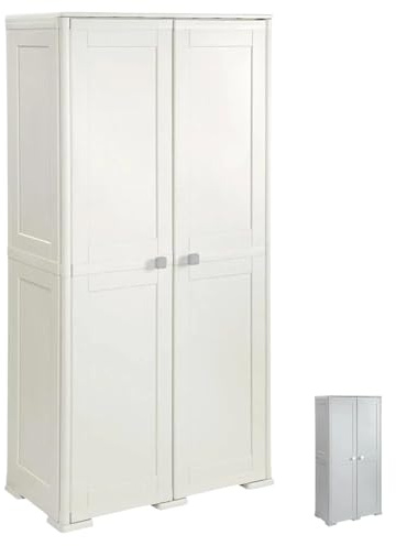 PALUPLUS Portascope a 2 Ante Lisce in Plastica, Misura 79x43x164 cm, Armadio Multiuso con vano per le scope e 3 scomparti porta oggetti, piedini antiscivolo, Made in Italy -4159C-20 (Panna)