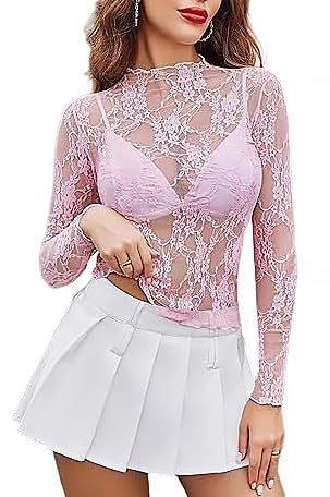 Women's Long Sleeve Mesh Tops for Women, Lace Tops UK Sexy See Through Shirts, Y2K Lace Top Layering Blouses Wedding Blouse Casual Shirt Elegant Clothing Sexy Outfit Band Collar UK Pink