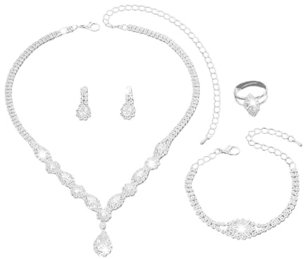 XFSRG Juegos de Joyas Mujer Conjunto de Joyas Novia y Dama Strass Lágrimas Colgante Collar Pendientes Pulsera Anillo Set Regalo para la Fiesta de Bodas (Plata)