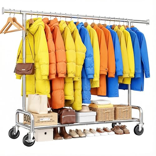 Klyvvo Portant Vetement Solide à Roulettes, Capacité de Charge 140KG, 131–189cm Extensible, 146-170cm réglable en hauteur, Portant a Vetements Convient pour Manteaux,Vestes d'hiver,Chemises et Pulls