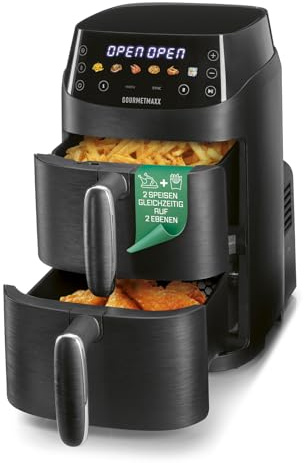 GOURMETmaxx FryUp Vertikal varmluftsfritös med dubbla kammare XS | Varmluftsfritös med flerfärgad LED-pekskärm | 2 kammare (2 x 2,5 L)
