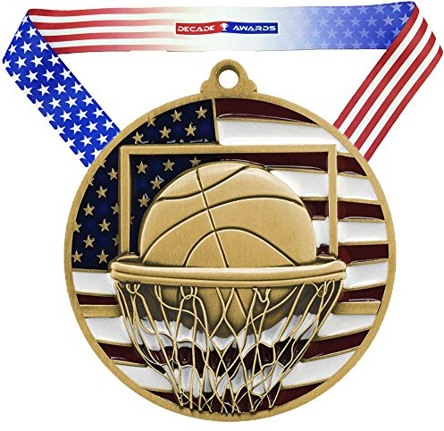 Decade Awards Patriotic Basketball Medal, Gold - 1st Place Basketball Medal with Stars and Stripes Neck Ribbon (2.75 Inch Wide)