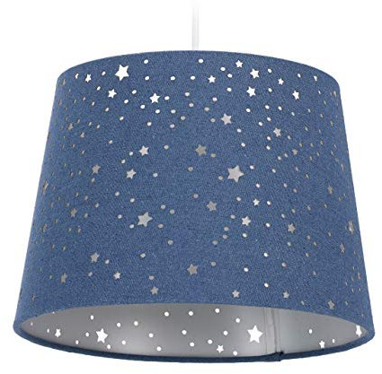 Relaxdays Kinderzimmerlampe Sterne, hängende Schirmlampe für Jungen, Sternenhimmel Motiv, E27, runder Stoffschirm, blau, 122 x 27 x 27 cm