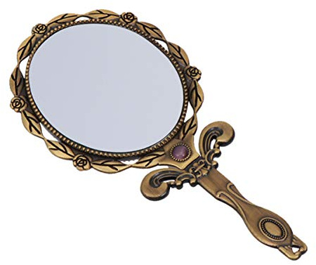 FRCOLOR Miroir à main vintage rétro avec poignée en relief Motif fleur antique Voyage Miroir cosmétique pliable à main Miroir de table (Bronze)