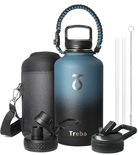 Borraccia Termica 2L, Trebo Borraccia con Cannuccia 2L Borraccia acciaio inox fredda per 48 ore Borraccia Termica Bottiglia in Metallo con Manico in Paracord, Indigo