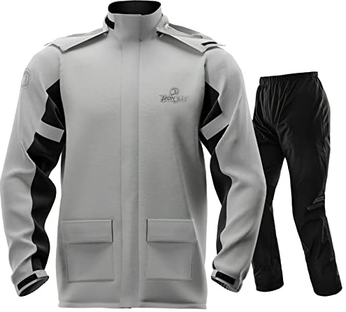 IRON JIA'S Combinaison de Pluie Moto Imperméable Homme 15000mm Veste et Pantalon Capuche Amovible Bandes Réfléchissantes Gris M