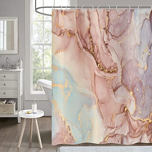 Hnmdmyi Duschvorhang Marmor Rosa 180x200, Lila Gold Glitzer Duschvorhänge Abstrakt Modern Luxus Aquarell Tinte Kunst Badewanne Vorhang Wasserdicht Polyester Stoff Waschbar Badevorhang mit Haken