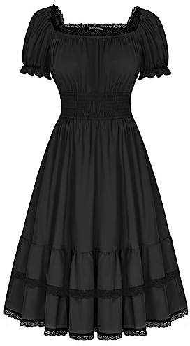 SCARLET DARKNESS Ladies Black Gothic Dresses for Women Midi Renaissance Dress Lace Square Neck Short Sleeve Vintage Medieval Victorian Dresses M