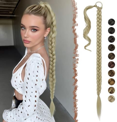 FESHFEN Treccia Finta Capelli - 65 cm Lunga Coda Finta Capelli Posticci con Elastico Sintetico Lunghi Ponytail Extension per Donne, Biondo Cenere