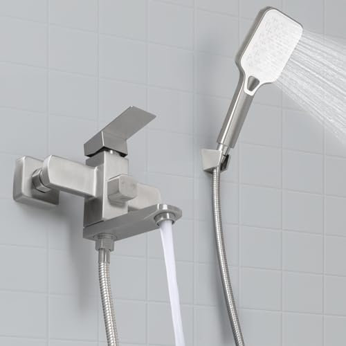 SHANFO Badewannenarmatur mit Handbrause, Armatur Badewanne Set, Wannenarmatur mit Brause, Wannenbatterie Set, Gebürstet, 9Y2OK