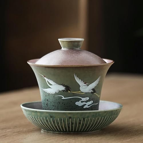 QQLADY Ciotola con coperchio brillante dipinta a mano Scodella grande in ceramica retrò antiscottatura con coperchio Ciotola da tè singola Gaiwan