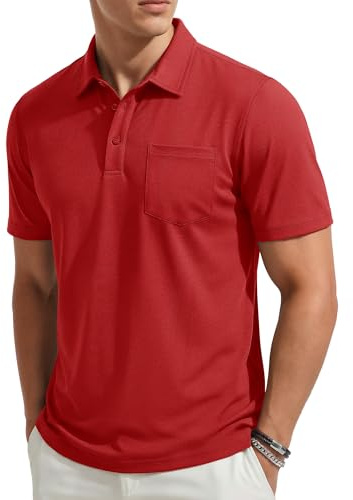 TACVASEN Polo Shirts for Men Classic Polo Shirts Comfortable T Shirts for Men Cotton Polo Shirt with Pocket Mens Summer Polo Golf Shirt Red