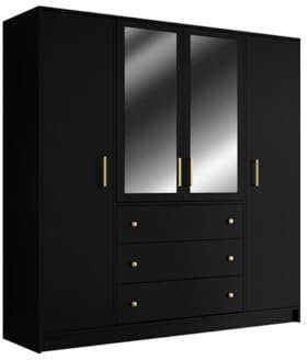 Vente-unique - Armoire 4 Portes et 3 tiroirs - avec miroirs - L196 cm - Noir - Lizandro