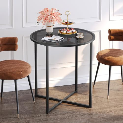 SAYGOER Round Glass Dining Table 68cm Black Small Kitchen Tables Multifunctional Modern Dining Room Table for 2, Space Saving Industrial Dinner Table, Easy Assembly, Black