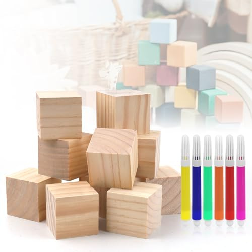 10Pcs Square Wooden Blocks Cubes, Unfinished Smooth Wooden Cubes 5x5x5cm | Basswood Wood Carving Blocks with 6 Watercolour Pens, Natural Solid Wood Square Blocks for DIY, Painting, Carving