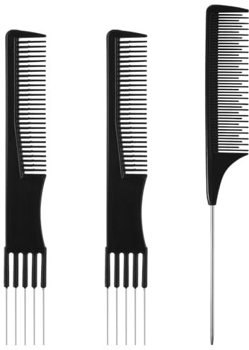 3Pcs Teasing Comb for Women, Hair Combs with Metal Pick Combs and Fine Tooth Rat Tail Parting Combs Salon Teasing Back Combs with Stainless Steel Lift for Women Hair Styling