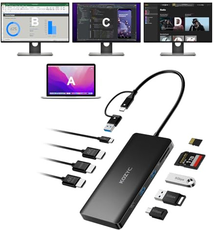USB C Docking Station 3 Monitors Compatible avec Mac M1/M2/M3/Windows, KOZYC Triple Display Station Accueil avec 3xHDMI, 3xUSB 3.0, SD/TF, and 100W PD Soutien HDMI Splitter Extend Display 3 Monitors