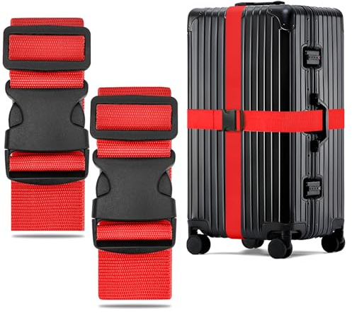 WISYOK 2 stycken Resväskbälte bagageband, 130-250cm, Röd | bagagebältar, säkert och robust, bagagerem för resor och flygresor, tåg- och bilresor, vardagligt bruk