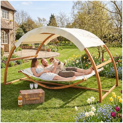 tectake® Amaca da Esterno per 2 Persone, Amaca XXL con Tettuccio Parasole, Struttura in Legno Robusta, Tessuto Traspirante e Idrorepellente, Inclusi Comodi Cuscini, Teak, 328 x 160 x 171,5 cm