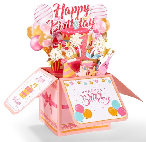 Biglietti Regalo di Compleanno Pop-up, Biglietto d'Auguri 3D di Buon Compleanno con Busta Regalo Creativo per Feste per Figlie Sorelle e Amiche (1 Anno)