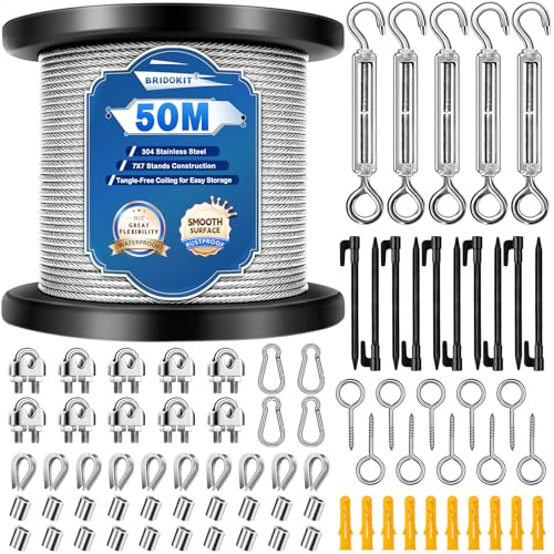 50M 2MM Garden Wire For Climbing Plants, 80Pcs Heavy Duty 304 Stainless Steel Wire Rope Kit with M5 Turnbuckles for Hanging String Lights, Trellis, Garden Fence, Wisteria Plant