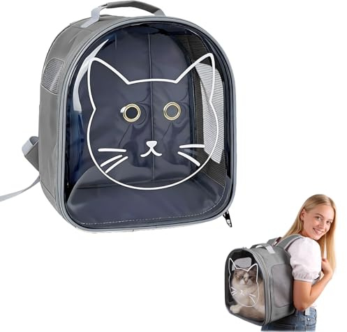 Small Cat Backpack Pet Carrier for Cats up to 10 lbs, Foldable Clear Window Cat Travel Bag with Breathable Mesh, Portable Puppy Transport Backpack for Hiking, Walking, Cycling, Vet Visits (Grey)