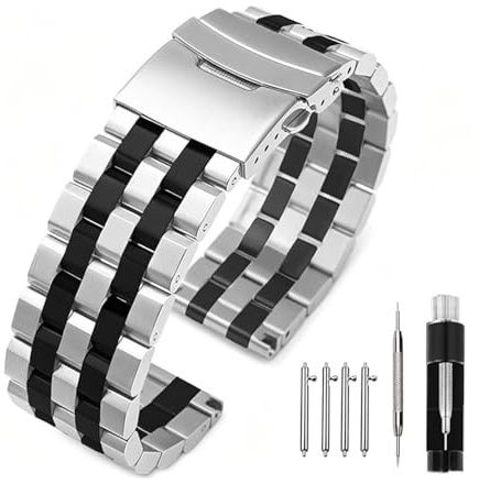 Kai Tian Uhrenarmband 22mm Edelstahl Schwarz Silber, Robust Prämie Matt 5 Reihen Doppelschlösser Ersatz Metall Uhrenarmbänder für Herren Damen