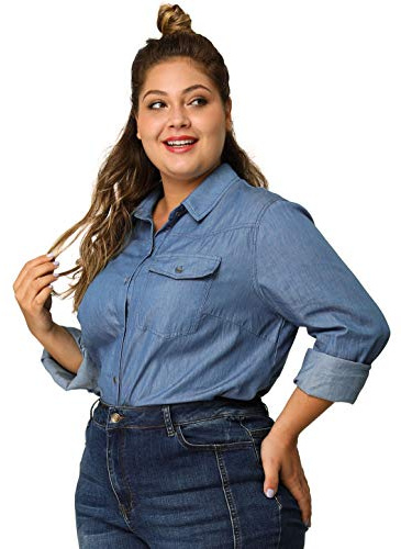 Agnes Orinda Women's Plus Size Denim Shirt Long Sleeves Chest Pocket Button Down Chambray Shirts 2X Blue