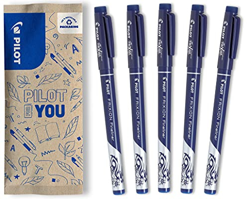 PILOT - 5 FriXion Fineliner - Feutres d'écriture à Encre Gel Effaçable - Bleu - Pointe Fine