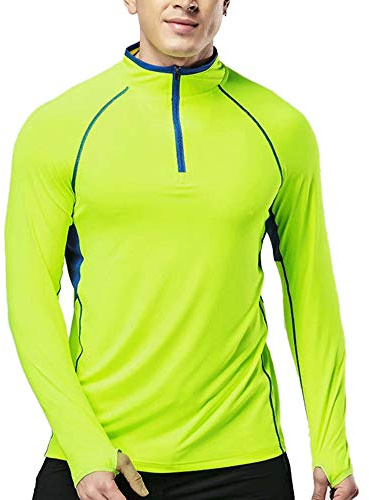 Muscle Alive Men's Quarter Zip Running Active T Shirts Workout Long Sleeve Jersey with Thumb Holes Polyester and Spandex Yellow M