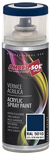 AMBRO-SOL - Pintura acrílica en spray, color Azul Genciana Mate, RAL 5010, resultado profesional en múltiples superficies, exteriores e interiores, 400 ml